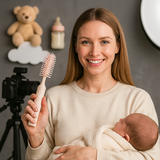 Woman holding a baby and  the nunubrush, with a camera and baby items in the background