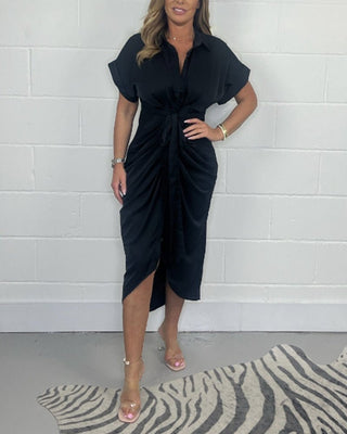 Eline | Elegante jurk met geplooide overhemdhals Midnight Zwart Vionelle